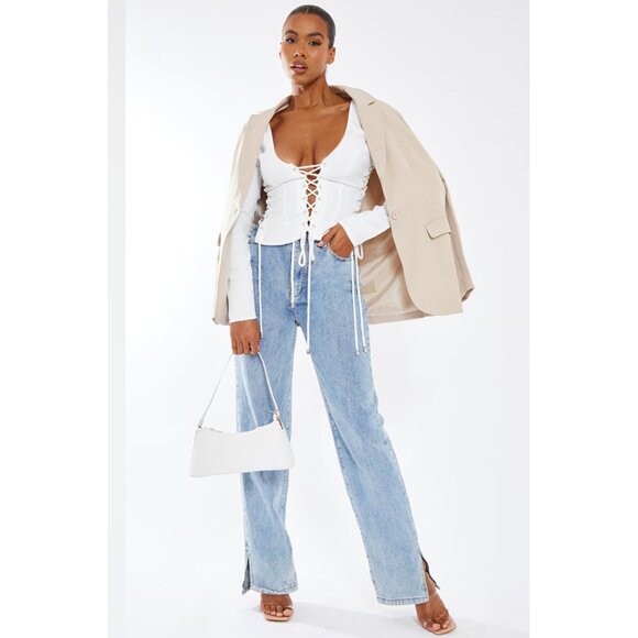 PLT WOMENS TOP SIZE 2 CREAM WOVEN LACE UP PLUNGE DETAIL LONG SLEEVE SEXY TOP NWT - Picture 12 of 12